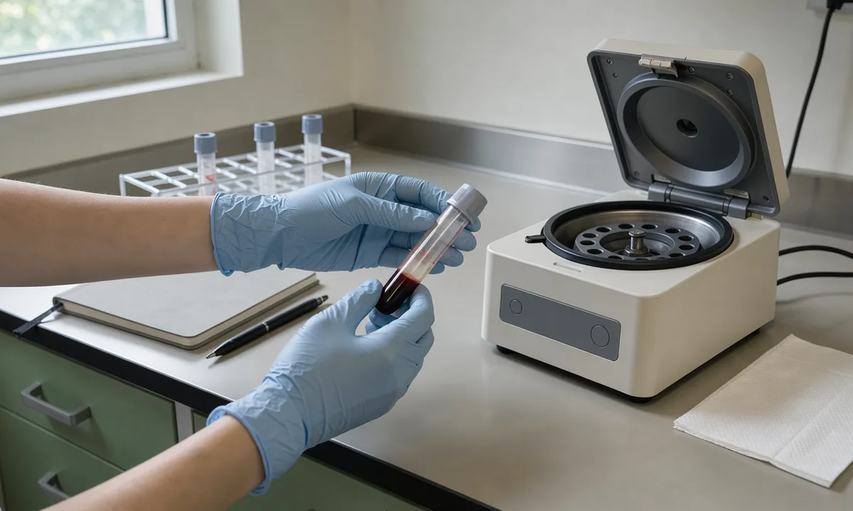Gloved hands preparing a blood sample beside a benchtop centrifuge