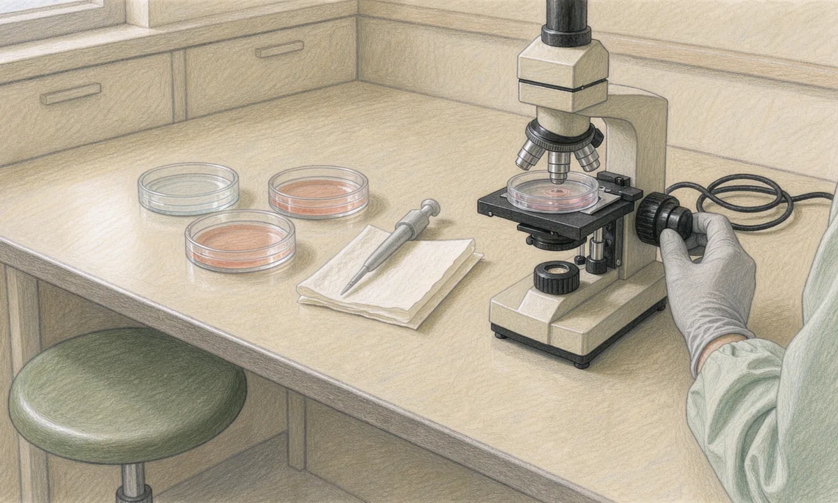 A laboratory worker adjusting a microscope beside shallow cell culture dishes