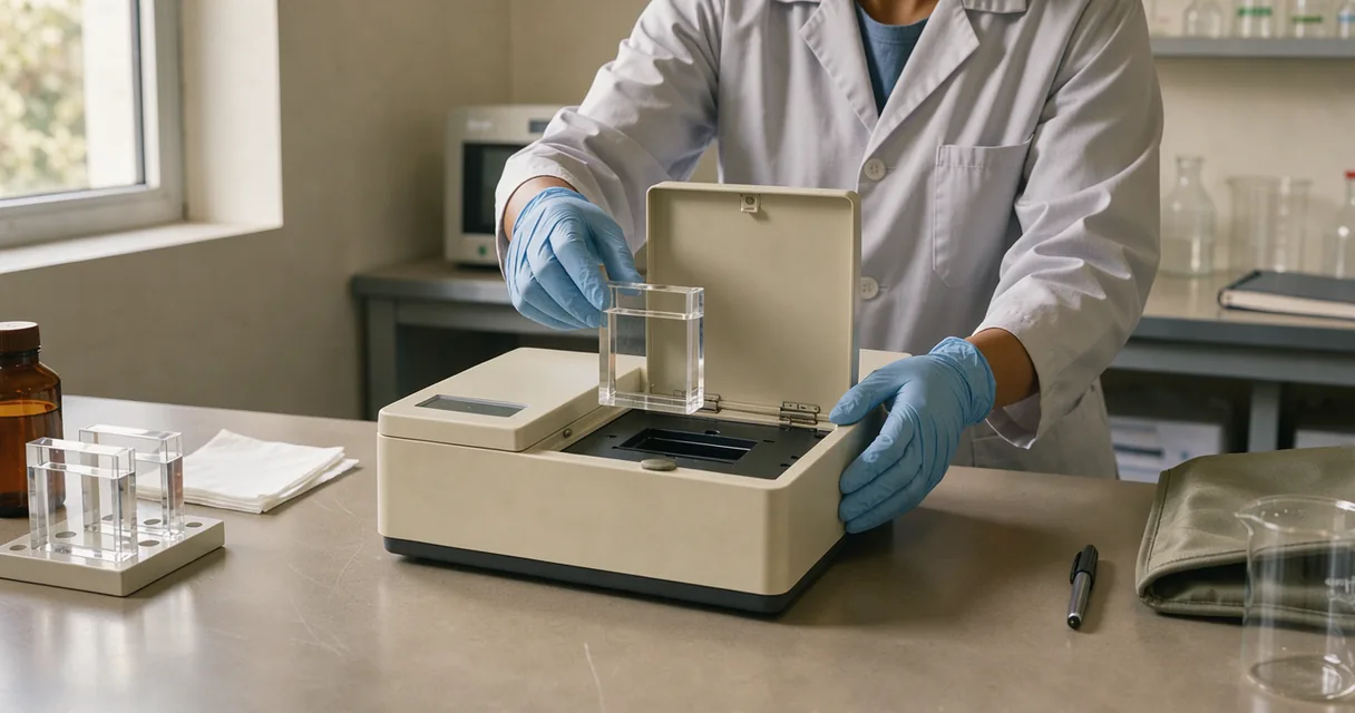 A technician setting a clear cuvette into an analytical instrument on a putty coloured bench
