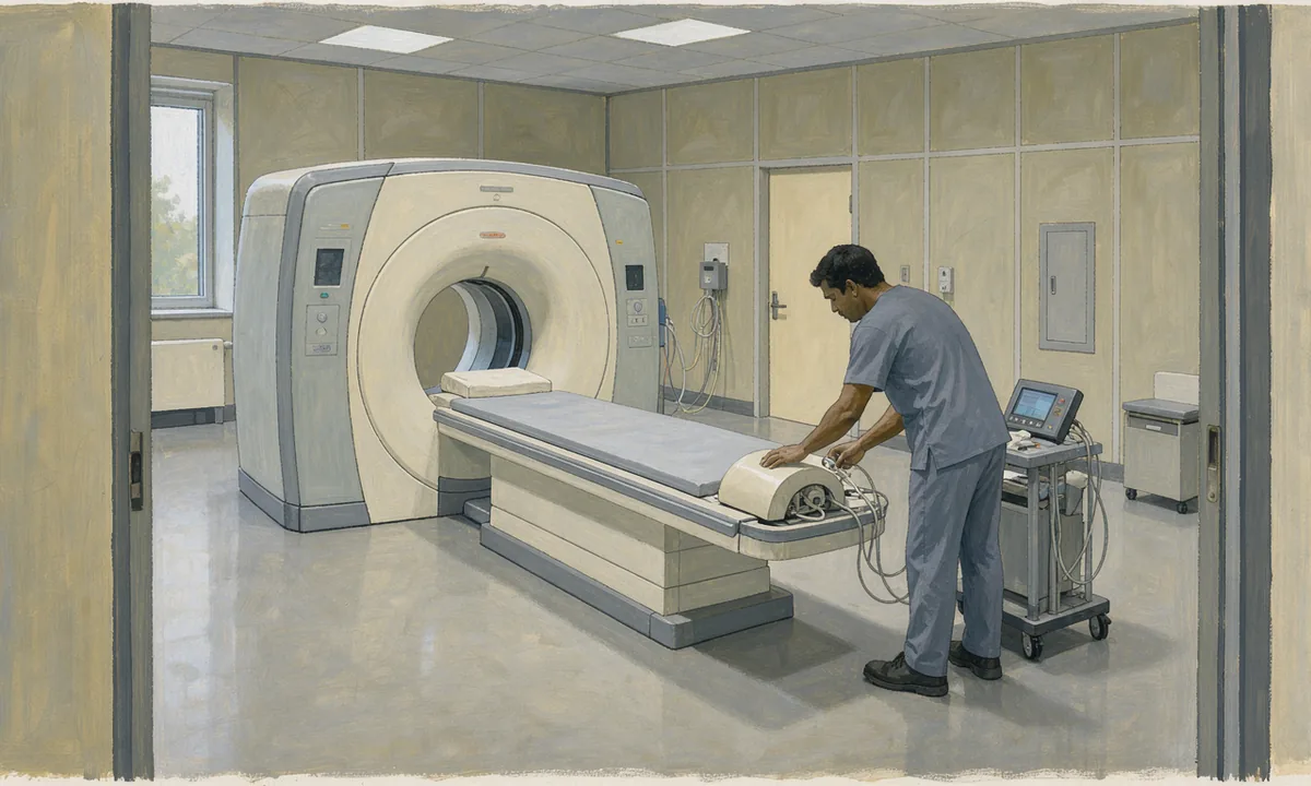 A technician preparing a magnetic resonance scanner in an olive and stone coloured room