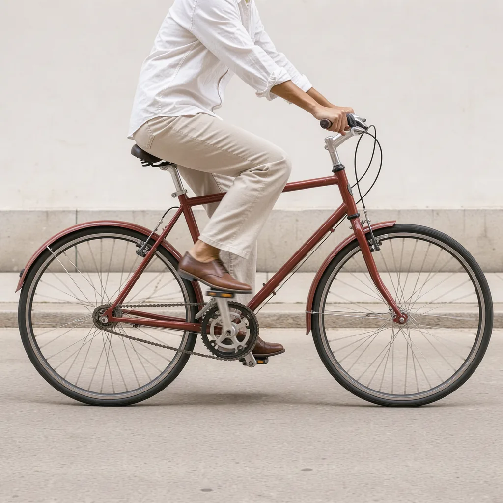 An adult pedals a plain bicycle along a level path, with the moving leg and crank clearly visible.